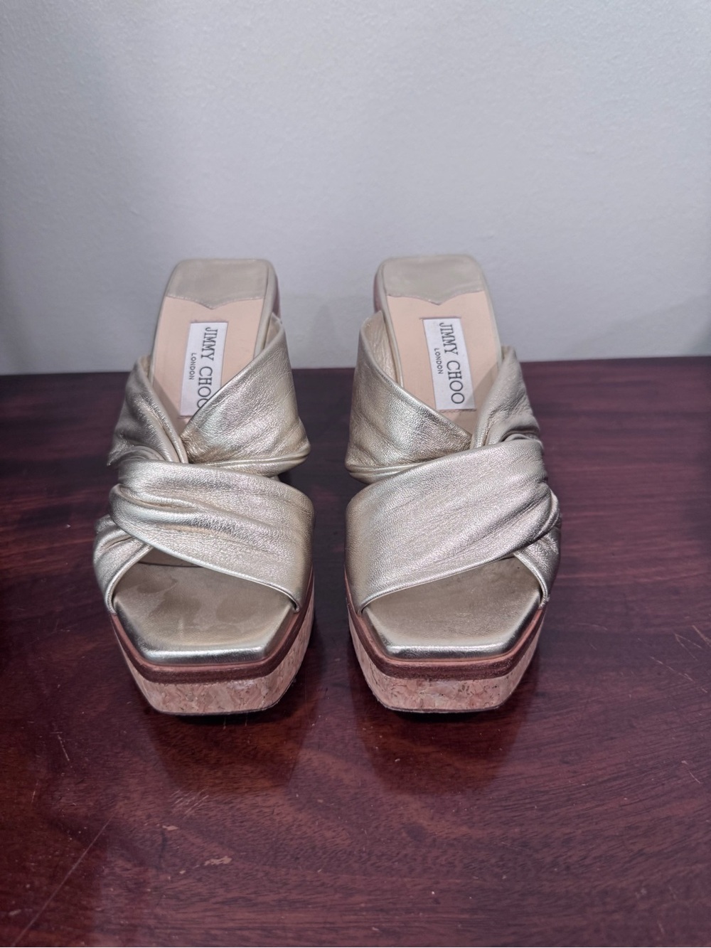 Jimmy Choo Metallic Champagne Knotted Platform Slide Sandals Size 38